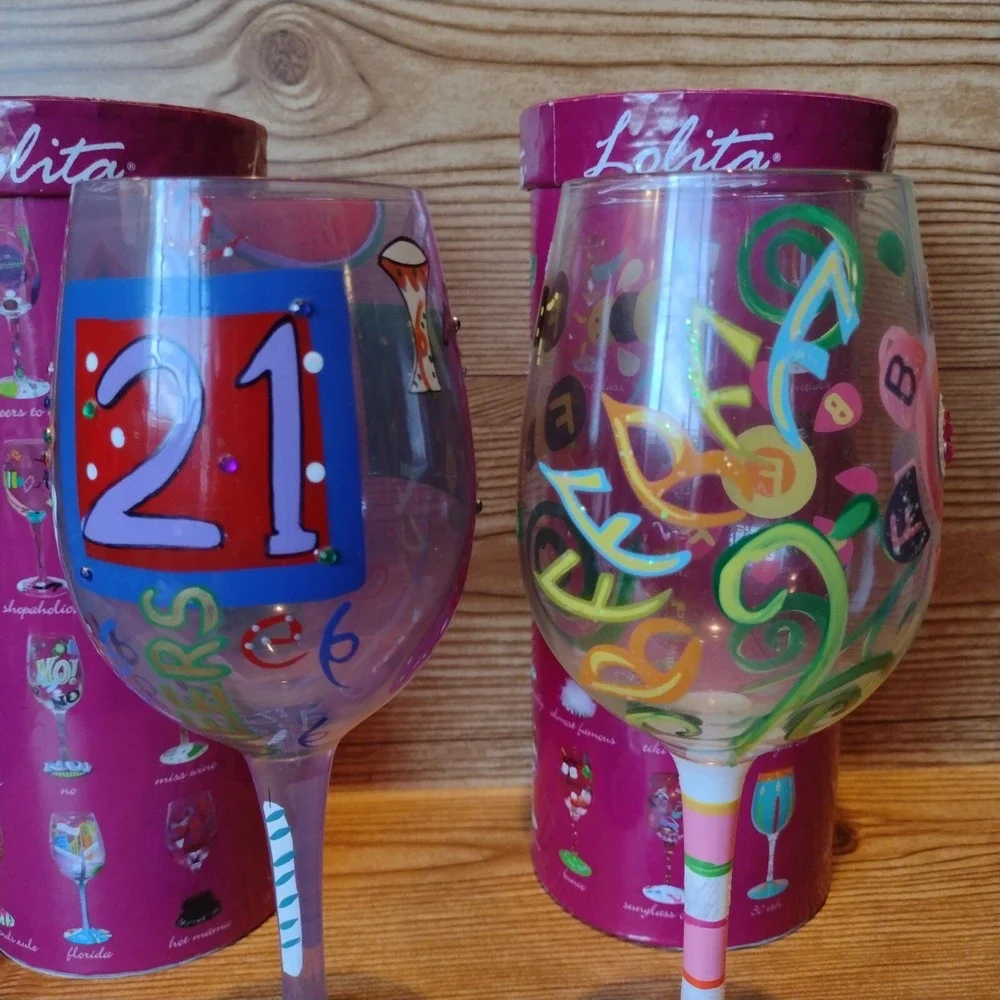 Lolita Hand Painted Wine Glass Set 21st Birthday and BFF with Gift Boxes